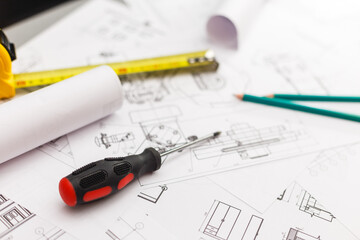 Architectural plans, pencils and ruler, Blueprin non coopyligth