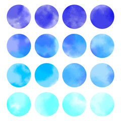 Blue and cyan watercolor circles for packaging, crafts, scrapbook, boxes, banners, cards, logos. Collection of vivid round artistic elements