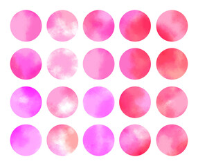 Collection of bright pink watercolor circles. Vivid graphic elements for packaging, crafts, scrapbook, boxes, banners, cards, logos