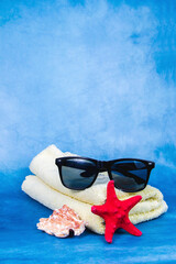 Sunglasses, towel, seashell and starfish on the blue background