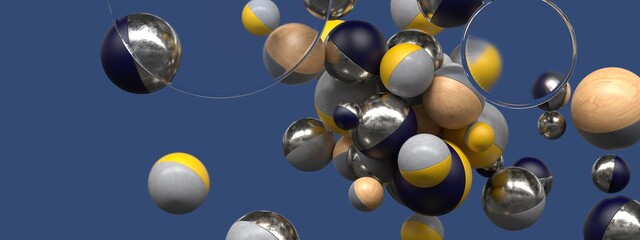 3D render of wood, chrome & coloured plastic spheres on blue background with glass lenses.