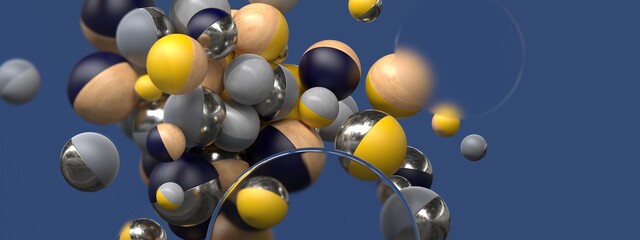 3D render of wood, chrome & coloured plastic spheres on blue background with glass lenses.