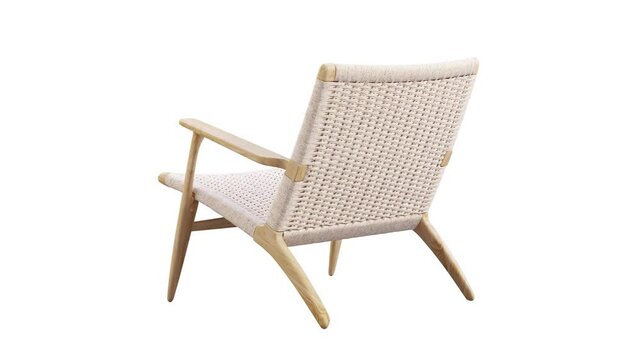 Circular animation of light brown wooden chair with wicker seat on white background. Mid-century wooden frame chair. Turntable 3d render