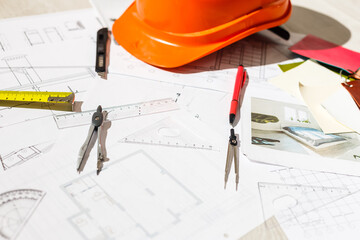 Architectural plans, pencils and ruler, Blueprin non coopyligth