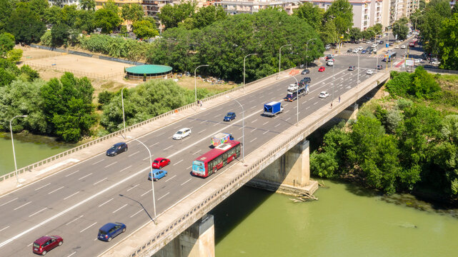 Aerial view of Marconi Bridge, in Rome, Italy. Under the bridge flows the Tiber river