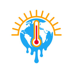 Global warming ecological problem icon - composition with thermometer, melting Earth globe and sun - isolated vector logo or emblem