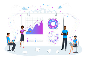 Big data analysis and analytics concept. Predictive data analysis for business strategy performance. Business team on meeting working with charts and analyzing statistics report.