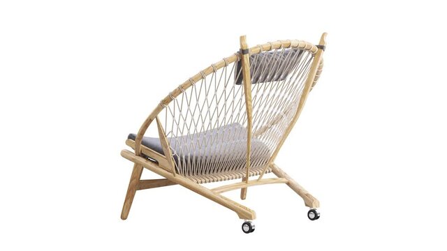 Circular animation of beige round wooden chair with textile seat and wicker back on white background. Textile seat covering and back made of rope. Turntable 3d render