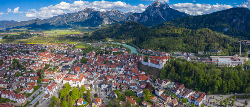 Aerial view of the old town of the city Füssen in Bavaria on a sunny day in spring during the coronavirus lockdown.
