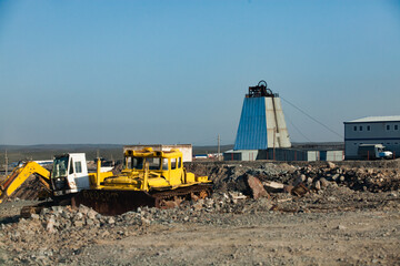 Old headframe of goldmine. Akbakay gold mining and processing plant. Altynalmas company,  Kazakhstan.