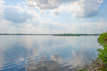 Edge of a sunlit lake with small islands with birds breeding reflecting a blue cloudy sky in summer