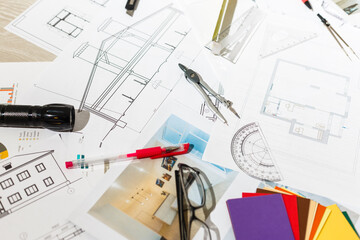 Architectural plans, pencils and ruler, Blueprin non coopyligth