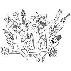 coloring book for children and adults, contains illustrated text "Paint"