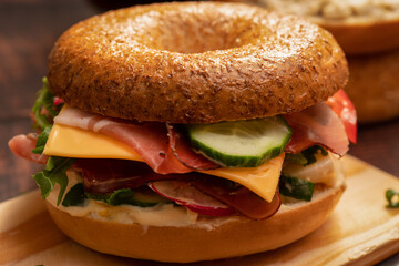 Bagels with ham, radish, cucumber and cheese 