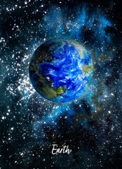 Design template with space watercolor hand drawn illustration with Earth.