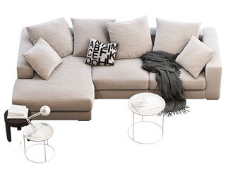 Modern light beige chaise lounge fabric sofa with plaid, pillows and side tables. 3d render.