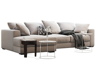 Modern light beige chaise lounge fabric sofa with plaid, pillows and side tables. 3d render.