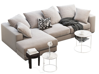 Modern light beige chaise lounge fabric sofa with plaid, pillows and side tables. 3d render.