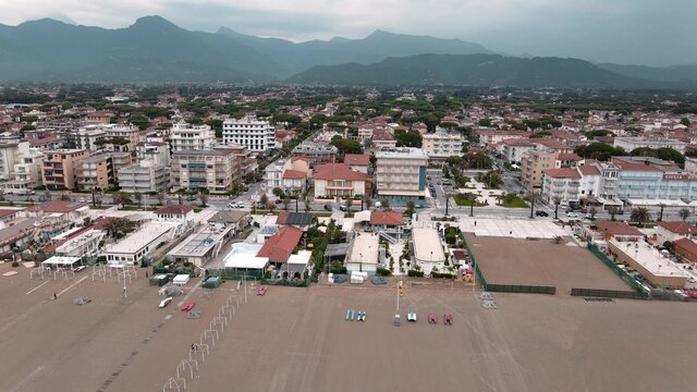 Lido Di Camaiore, Italy. Amazing aerial view of Tuscany coastline on a cloudy day