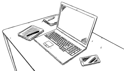 Sketch style illustration of office desk with laptop, notebooks, pen and mobile phone