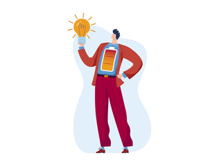 business success concept, winner businessman, career progress, design in cartoon style vector illustration, isolated on white. Man head holding glowing light bulb in hand, victory in achieving goal.