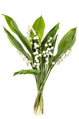 Beautiful bouquet of lilies of the valley flowers, Convallaria Majalis, with green leaves isolated on white background