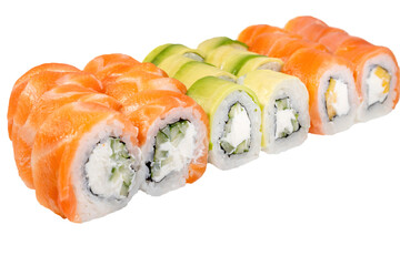 Japanese rolls, front view. With salmon, avocado and cucumber.