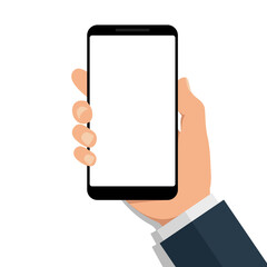 Hand holds phone with empty screen. Cartoon mobile mockup with blank touchscreen on isolated background. Flat cellphone icon for app. Black electronic device in arm. Communication concept. vector.