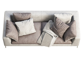 Modern gray leather sofa with pillows and plaid. 3d render.