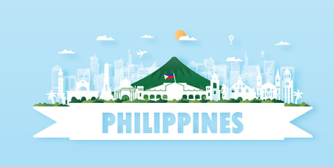 Fototapeta premium Philippines Travel postcard, poster, tour advertising of world famous landmarks. Vectors illustrations