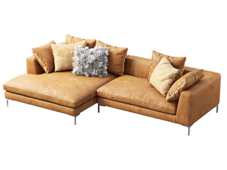 Modern brown chaise lounge leather sofa with pillows. 3d render.