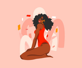 Hand drawn vector abstract stock graphic illustration with young happy black african american beauty female in swimsuit sitting isolated on pastel collage shape background