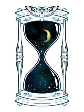 Hand drawn line art hourglass with moon and stars isolated boho sticker, print or blackwork tattoo design vector illustration.