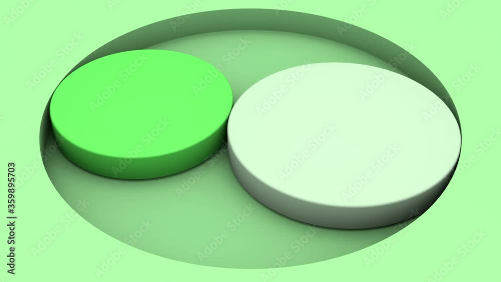 Poster 3d animation of a green background and matching color disks that rotate and change size. motion desi