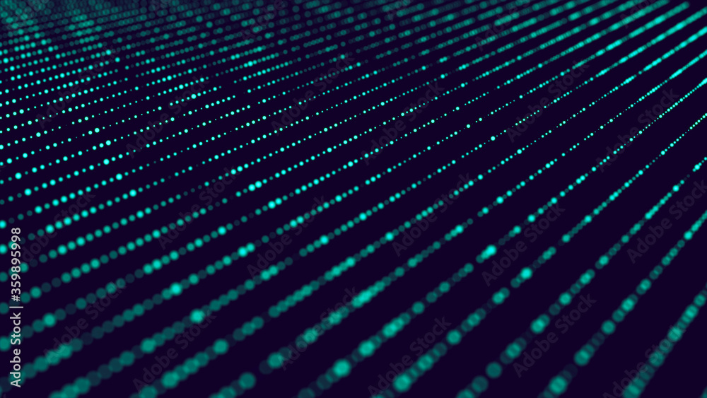 Poster Abstract wireframe perspective grid, connection of blue dots and lines on dark background. 3d rendering.