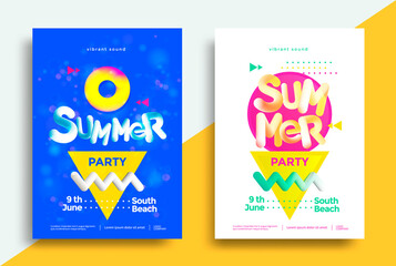 Summer party posters design with geometric shapes and blend lettering. Vector illustration for flyers, covers.