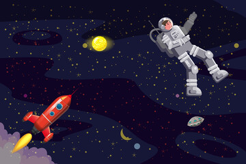 Space card background with spaceman, rocket, UFO, sun stars