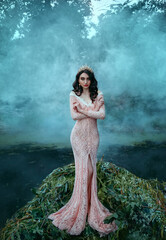Beautiful fantasy woman, fashion model posing. image sea princess. Girl Queen stands in boat, tree branches decoration. Pink long vintage sexy dress. Royal diadem crown. Backdrop river water, haze fog