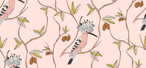Bird seamless  pattern,nursery print.  Trendy pink floral background vector hoopoe small birds on tree with berries pattern. Kids room decoration, cloth texture, modern textile art