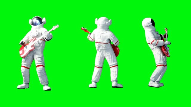 Funny astronaut play to bass guitar . Green screen. Realistic 4k animation.