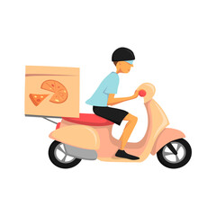 Pizza delivery icon, food transport service from restaurant on motorbike. Flat design cartoon vector illustration. Side view. 