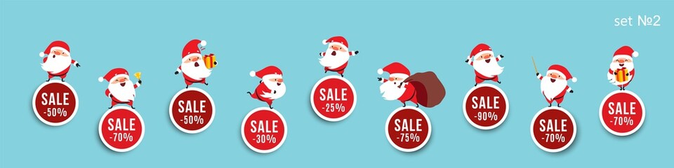 Christmas New Year sale, advertising stickers with Santa Claus and discounts, vector isolated elements for festive design. Set 2