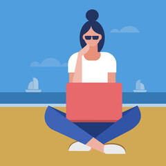 Illustration of a girl sitting in a beach and working on her laptop
