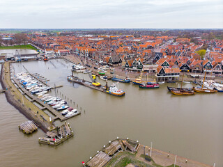 Fototapeta premium Aerial Shot of the harbor in Volendam town in Holland