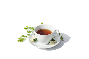 White tea mug with a dessert plate and fresh white flowers on white background