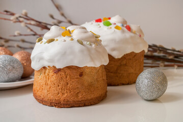 Easter cakes and eggs on the white background. Happy easter