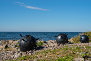 Part of World War II memorial monument placed at Juminda peninsula, Estonia. Metal bullets (defused naval mines) linked by chains