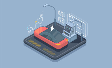 Isometric electric car parking. Charging station vector web banner template. Electric refueling. Eco transportation.
