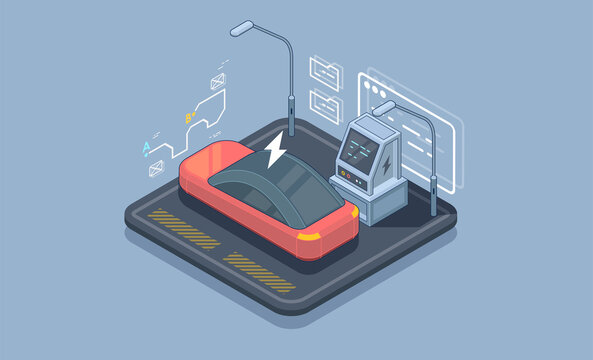 Isometric Electric Car Parking. Charging Station Vector Web Banner Template. Electric Refueling. Eco Transportation.