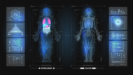 Healthcare futuristic examination in HUD style. Human cloning concept. Innovation technology in medicine. HUD, GUI, UI, dashboard element ui medical examination.